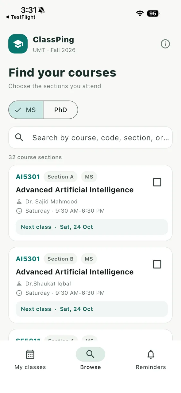Browse screen with MS and PhD filters and a search box over the course sections
