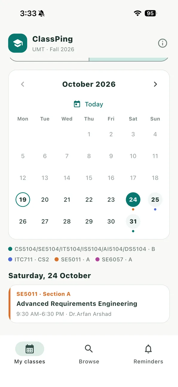 Month calendar of selected classes, colour-coded by course