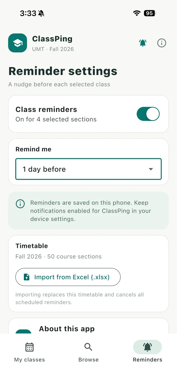 Reminder settings with class reminders switched on and a 1 day before lead time