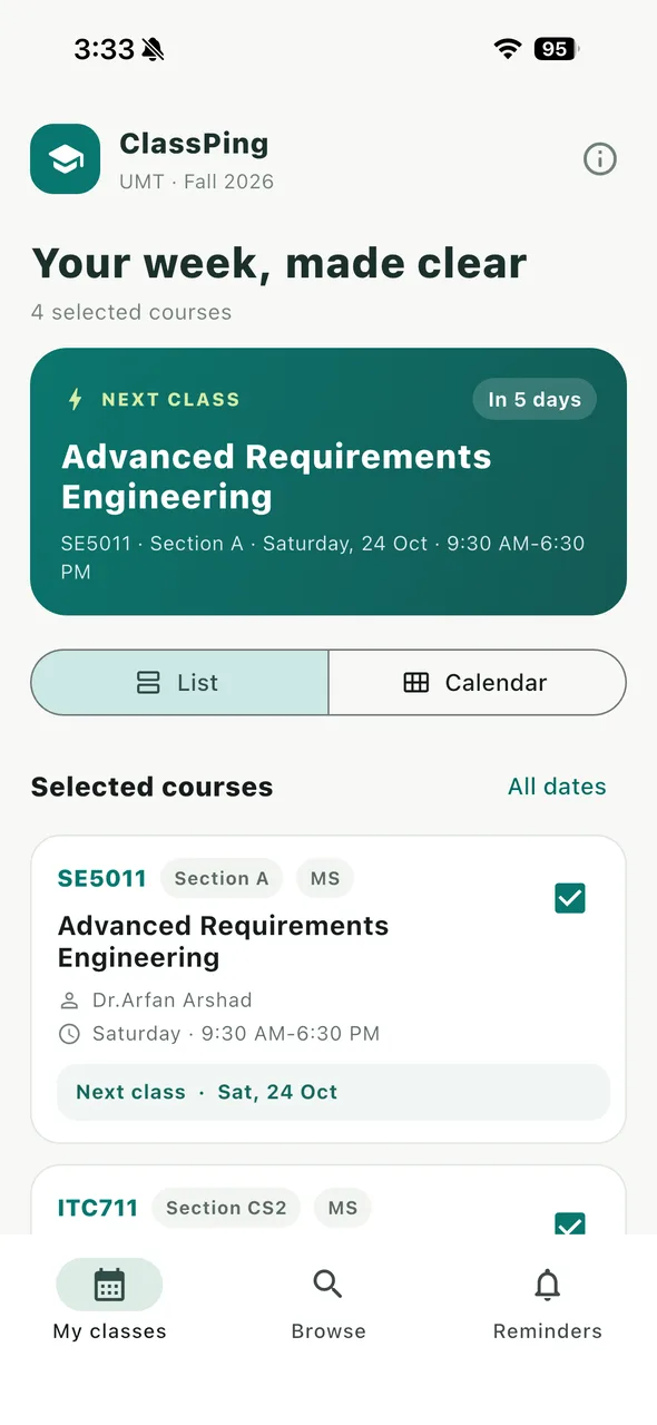 ClassPing home screen showing the next class with a countdown and the selected courses